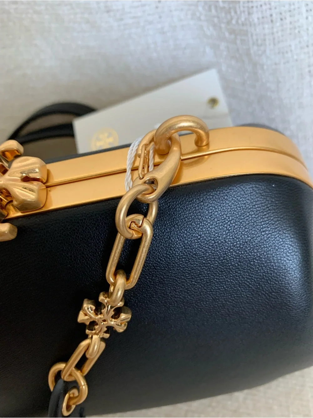 NEW Tory Burch Cleo Black Leather Small Kiss Lock Chain Handbag/Crossbody Bag
